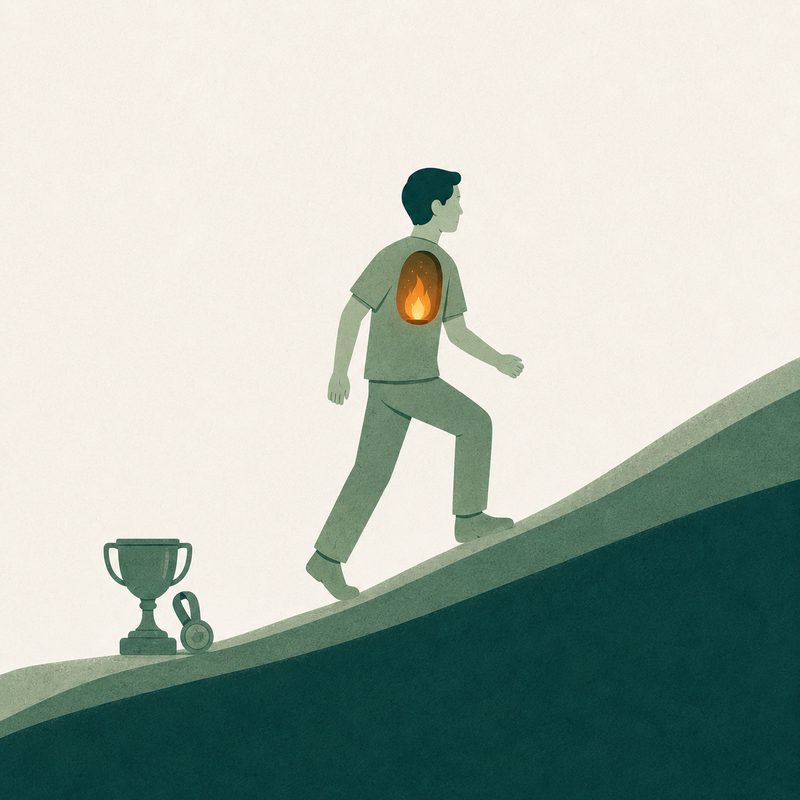 Illustration: a clinician walking uphill with a flame glowing inside, leaving a trophy and medal behind