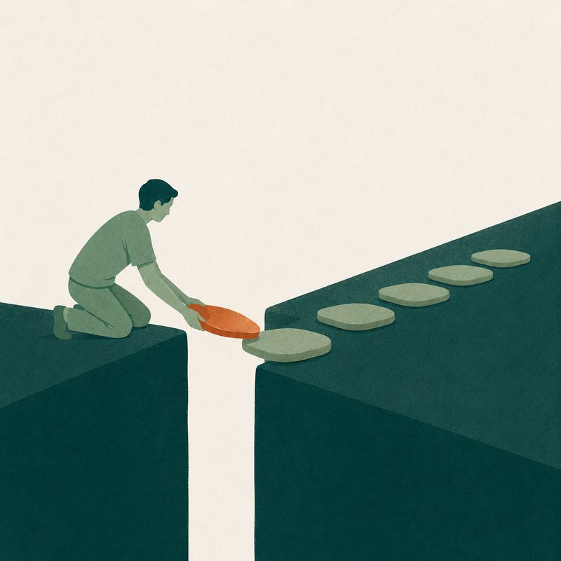 Illustration: a clinician laying a stepping stone to bridge a gap toward a path of stones